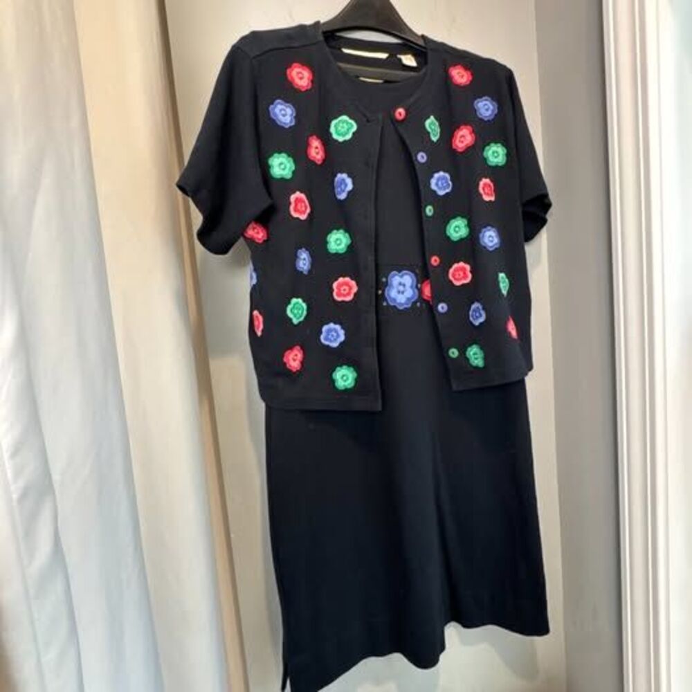 Bechamel Granny Core Black Dress & Overshirt Set Floral Appliqué Medium